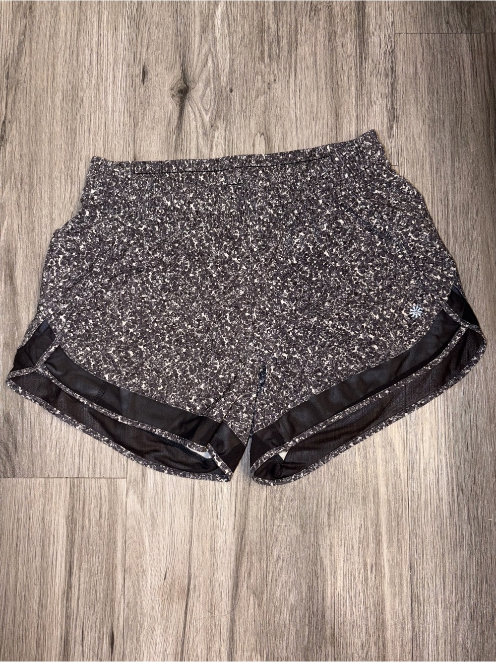 Athleta Black Speckle Running Shorts with Mesh Trim